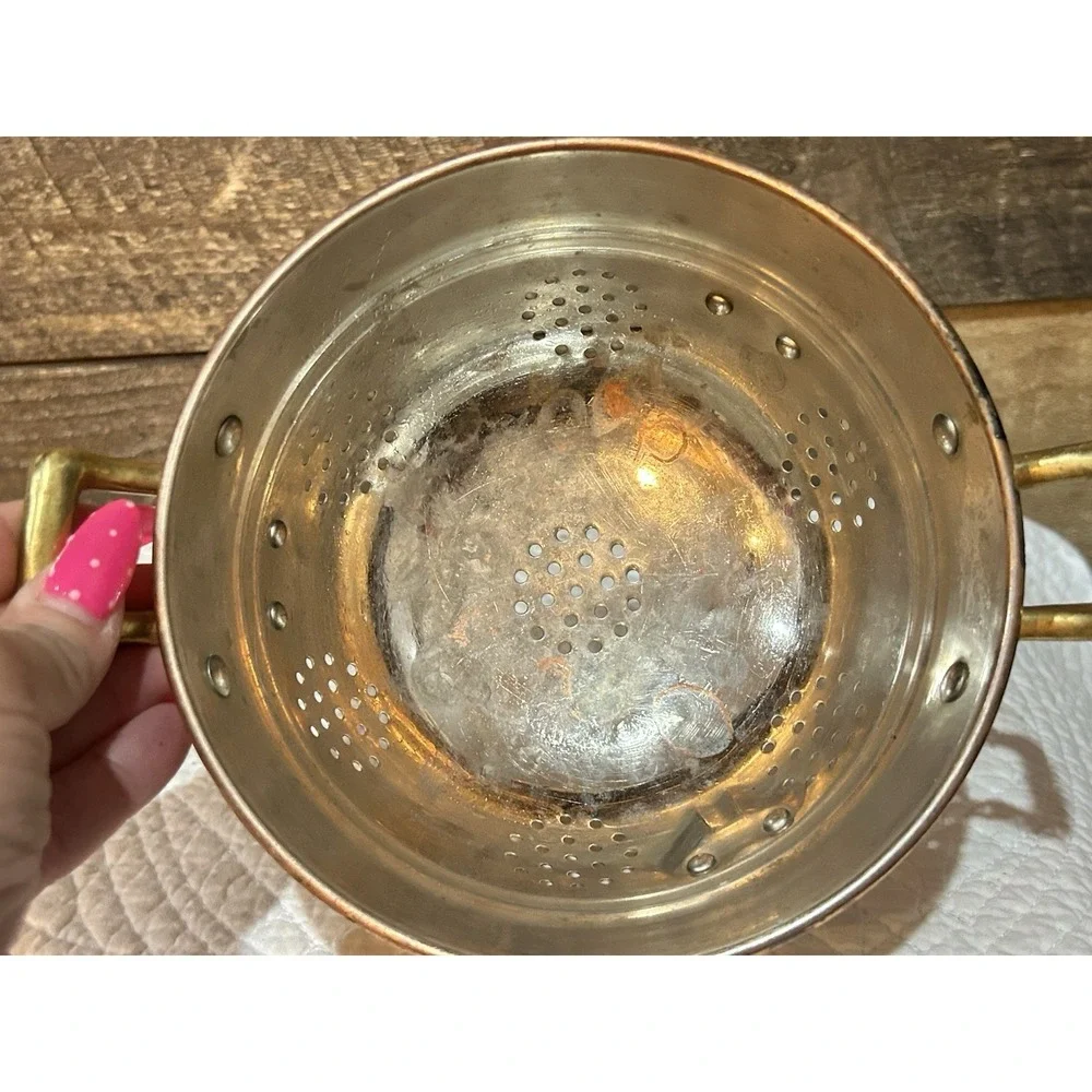 Vintage Small Copper Footed Colander Berry Strainer Brass Feet Cottage Farmhouse